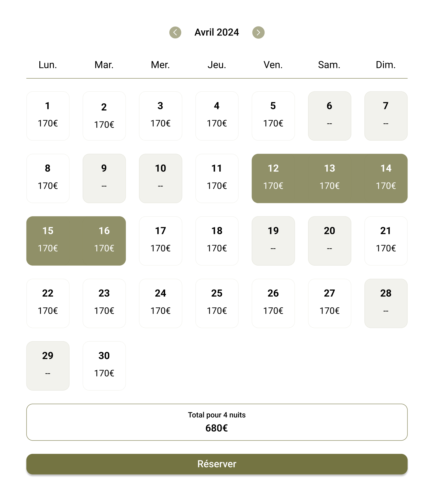 Calendrier de réservation dynamique